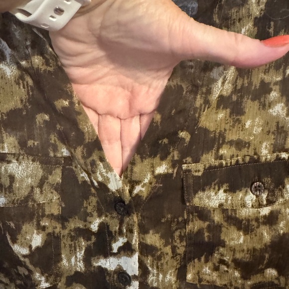 BROWN/TAN/GREEN PRINT  3/4 Sleeve Button Down TOP CREAM/LACE DETAIL  SZ: 18 #V - Picture 2 of 10